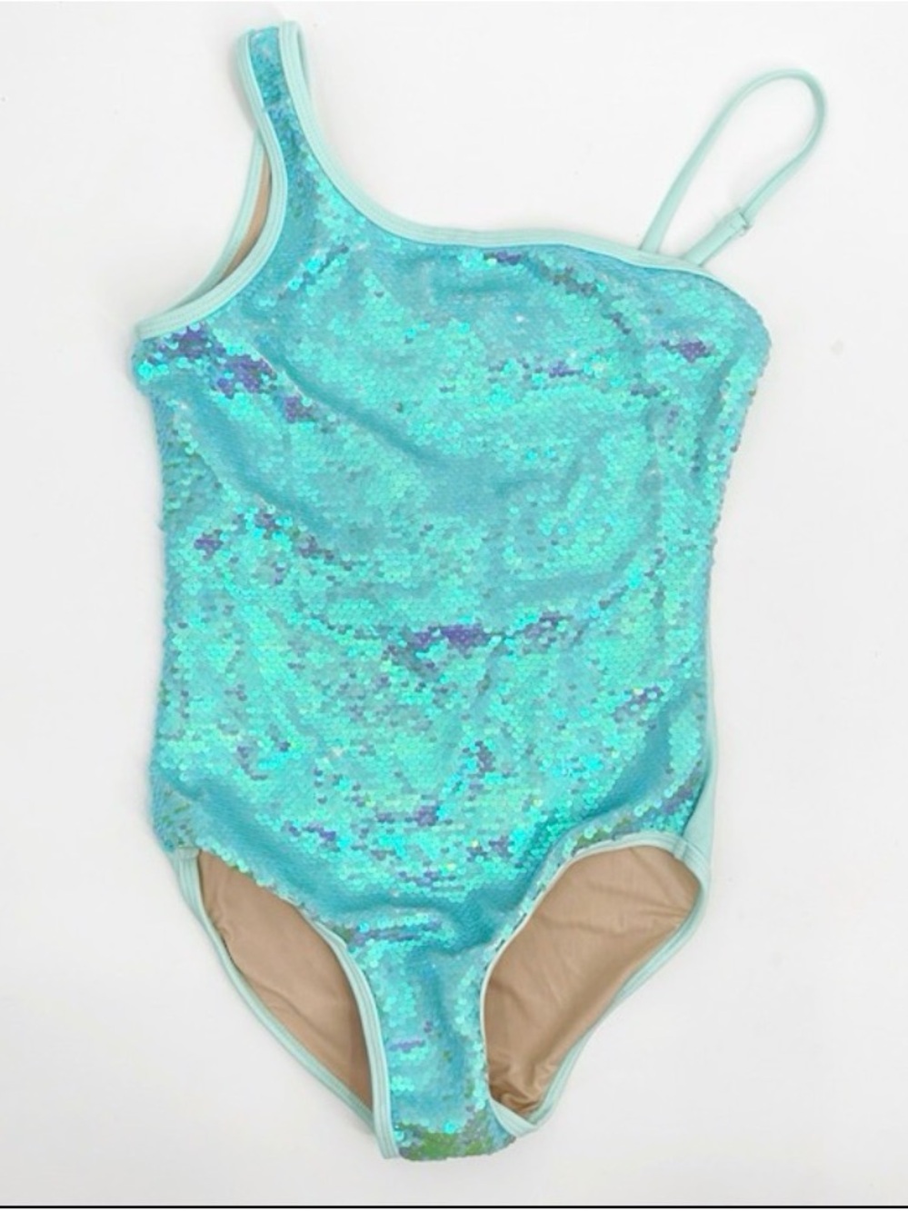 Sequin One-Shoulder Kids Swimsuit in Aqua